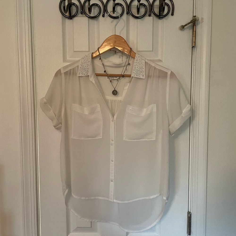 Y2K A&F White Chiffon Jeweled Collar Blouse